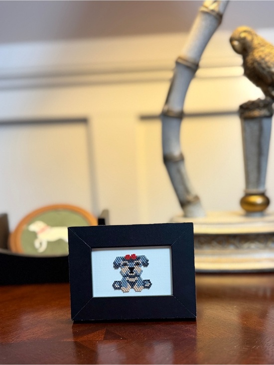 Hand Crafted Other - Tiny Schnauzer Bead Art in Black Frame • Handmade Mini Dog Decor